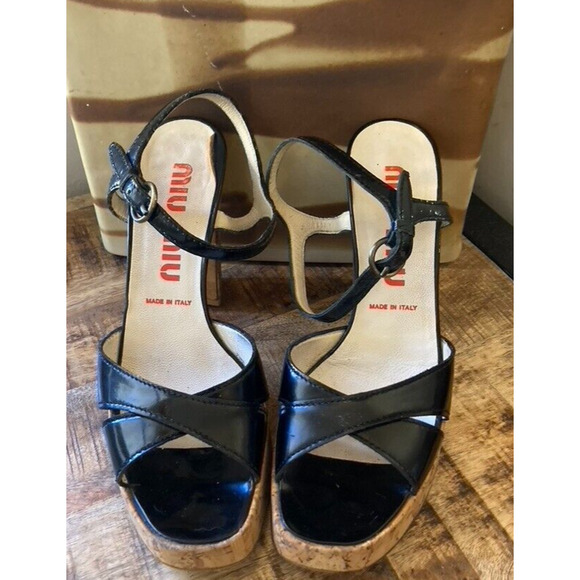 Miu Miu Black Patent Leather & Cork Heels, Vintage early 2000's VG! - Picture 11 of 16